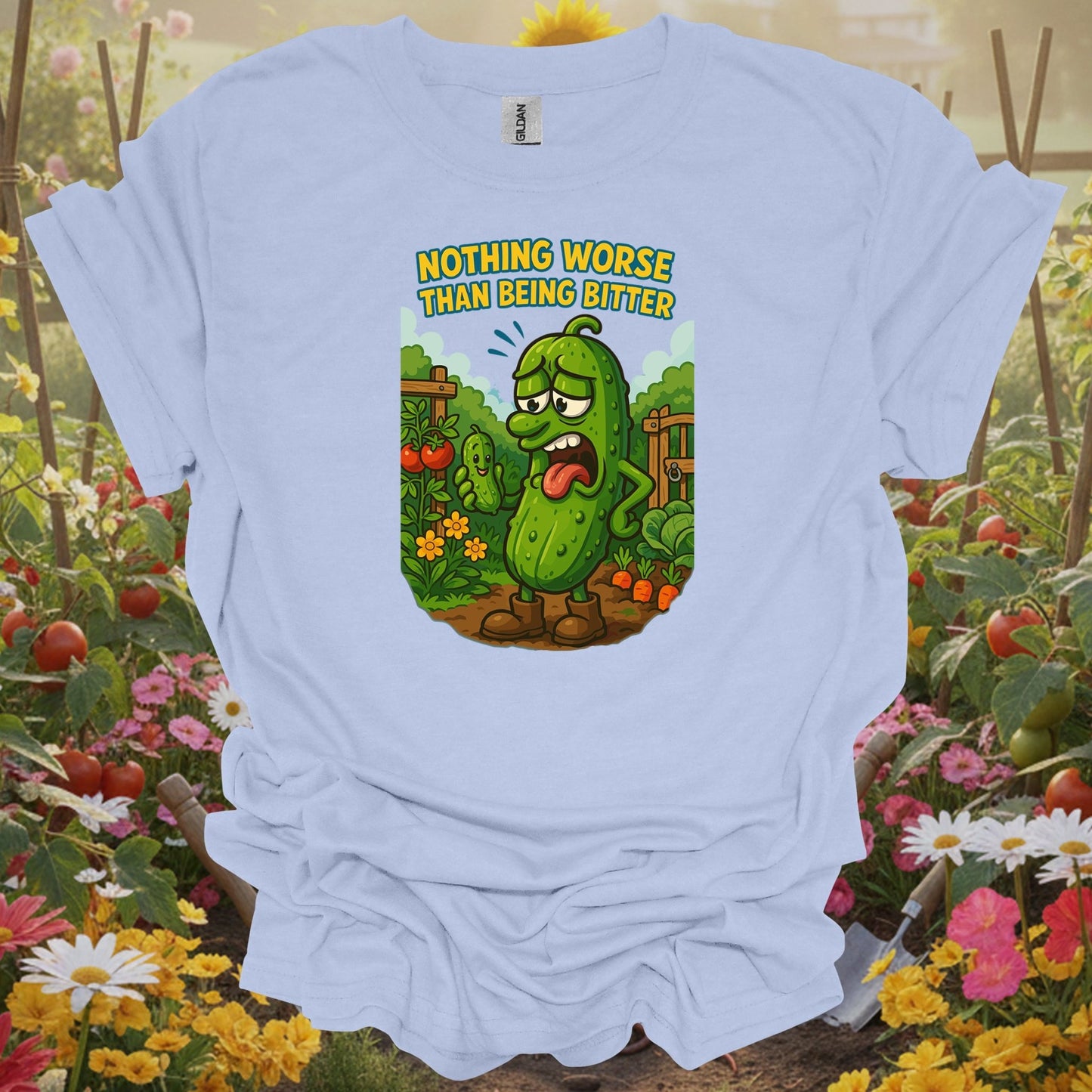 Light Blue shirt showing grumpy bitter cucumber funny vegetable garden for people with gardening wit