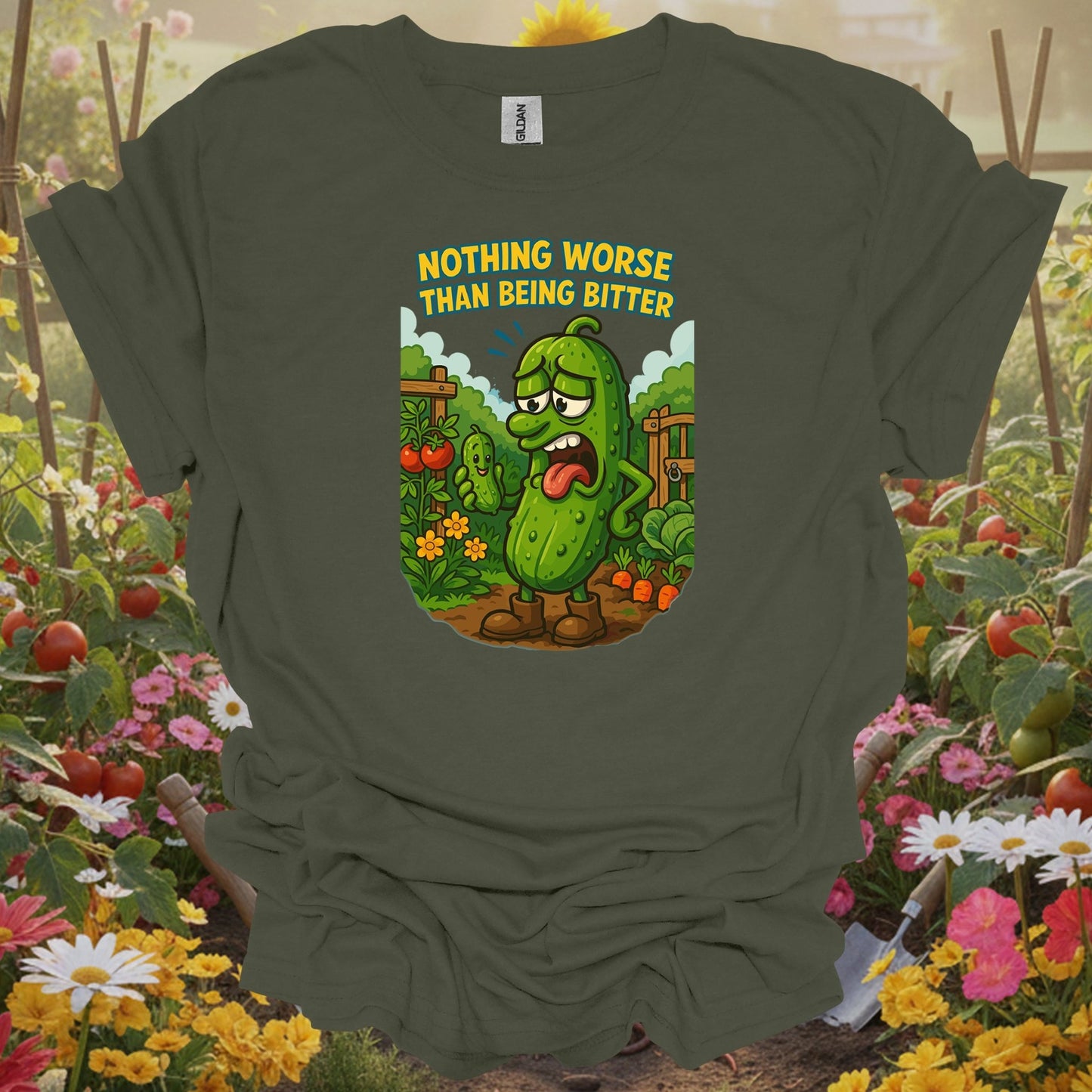 Military Green top showing grumpy bitter cucumber funny vegetable garden for humorous gardeners