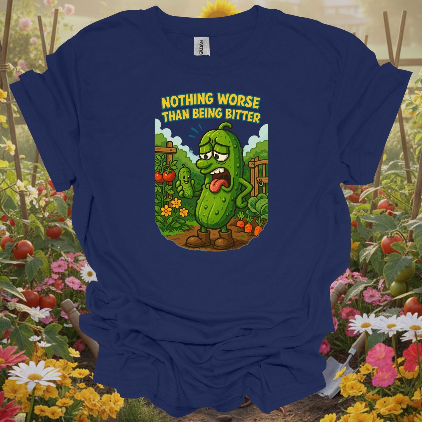 Navy tshirt showing grumpy bitter cucumber funny vegetable garden for gardeners with humor