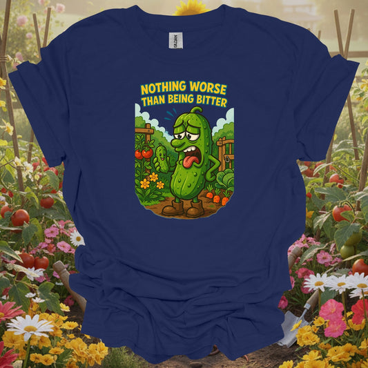 Navy tshirt showing grumpy bitter cucumber funny vegetable garden for gardeners with humor