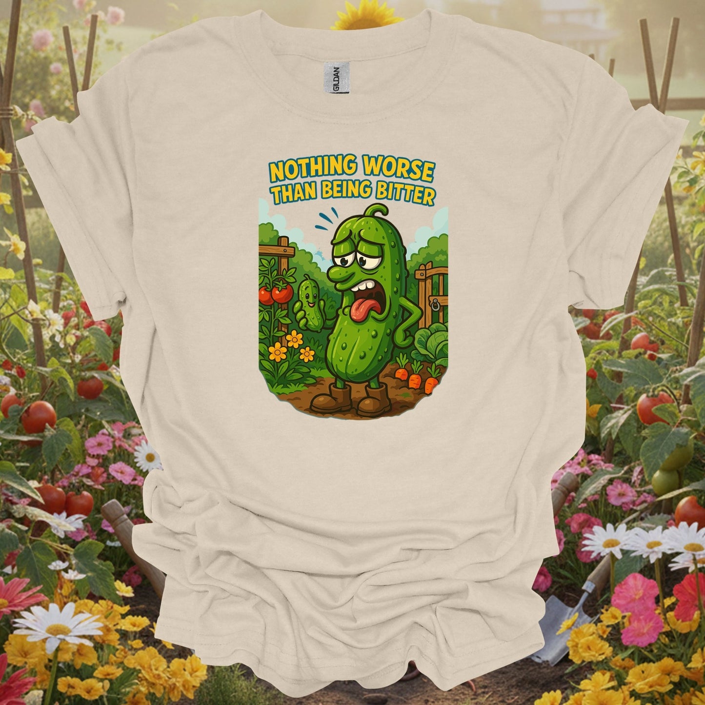 Natural tshirt showing grumpy bitter cucumber funny vegetable garden for people who find garden humor