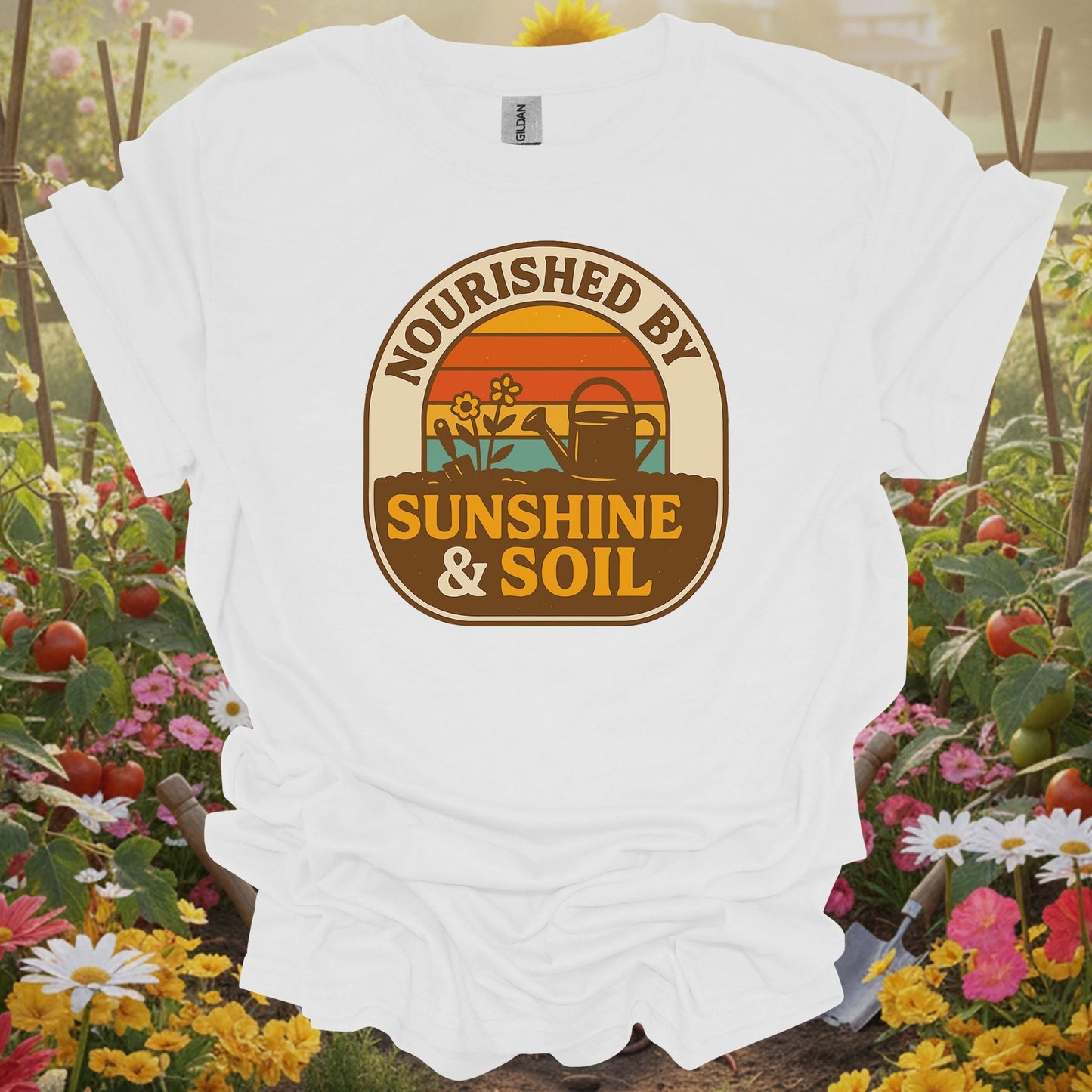 White tee showing retro nourished by sunshine & soil gardener for traditional growers