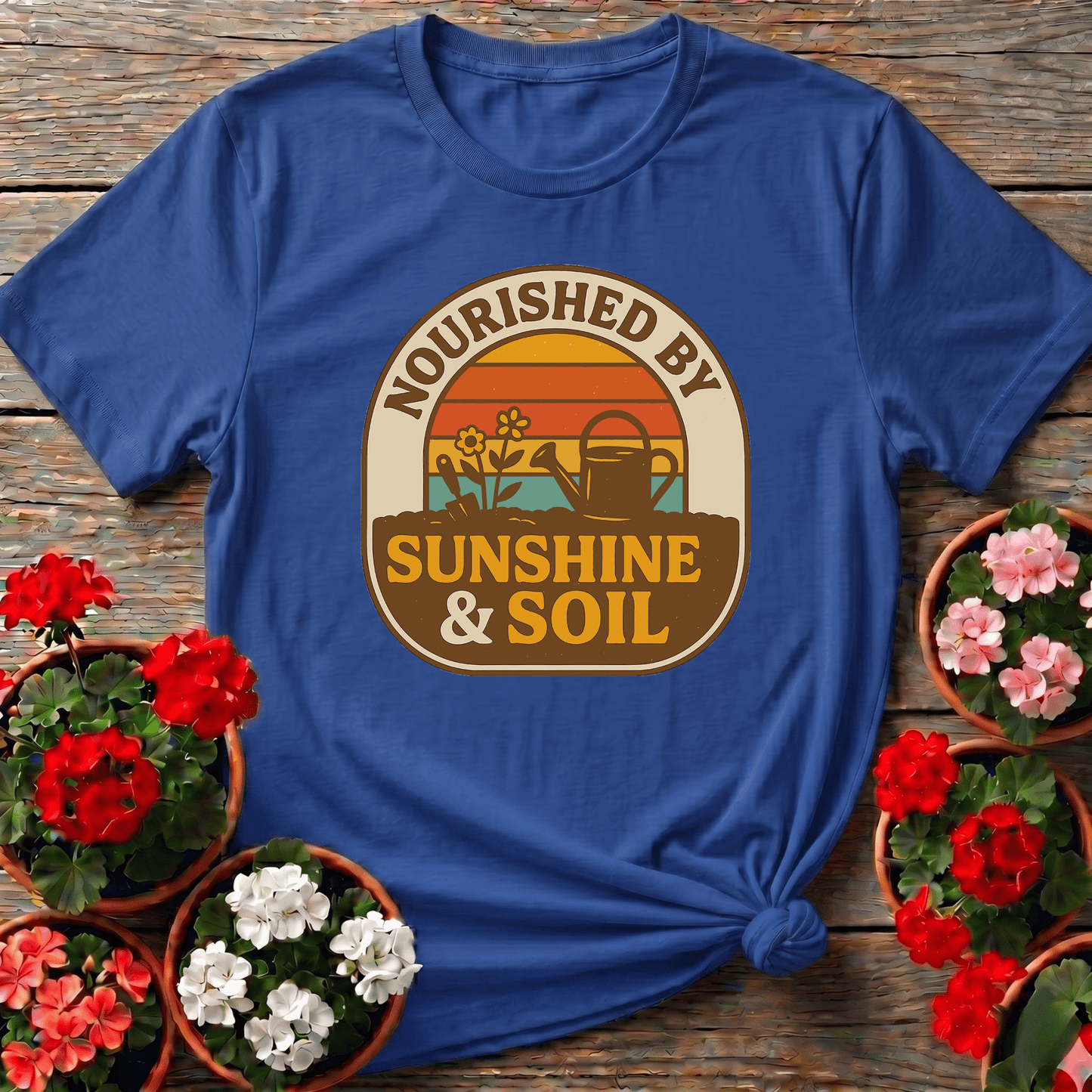 Nourished By Sunshine & Soil Retro Gardener T-shirt - GardeningTshirts