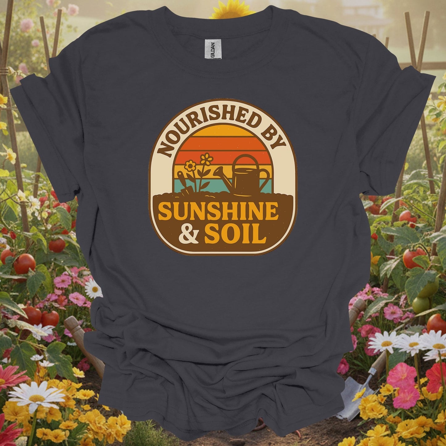 Charcoal tee showing retro nourished by sunshine & soil gardener for retro enthusiasts