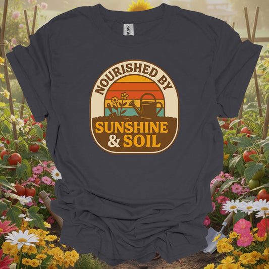 Charcoal tee showing retro nourished by sunshine & soil gardener for retro enthusiasts