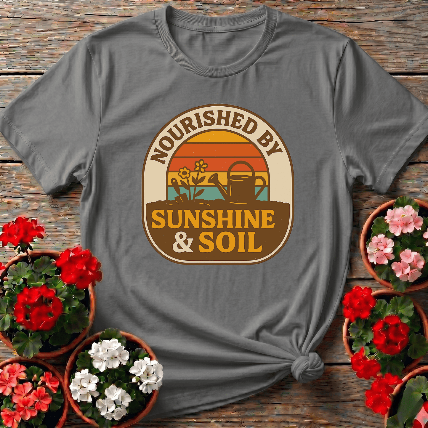 Nourished By Sunshine & Soil Retro Gardener T-shirt - GardeningTshirts