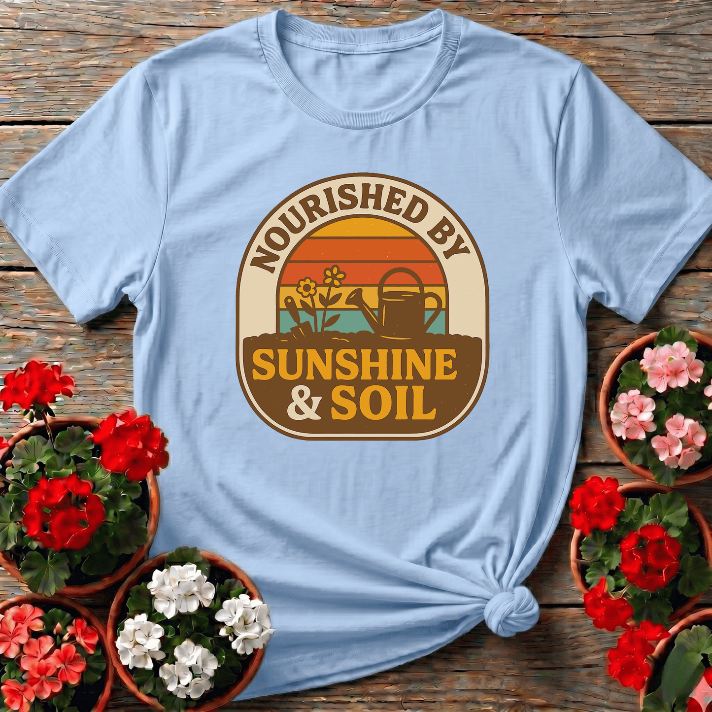 Nourished By Sunshine & Soil Retro Gardener T-shirt - GardeningTshirts
