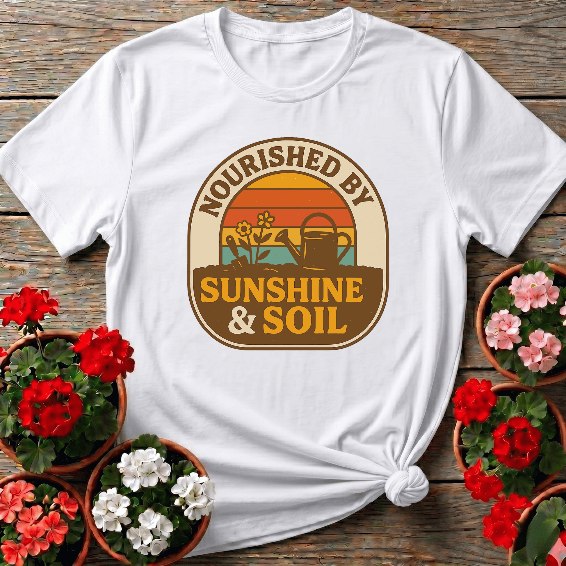 Nourished By Sunshine & Soil Retro Gardener T-shirt - GardeningTshirts