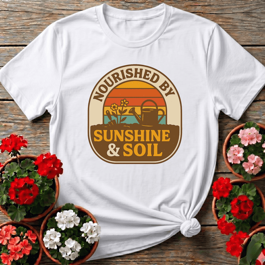 Nourished By Sunshine & Soil Retro Gardener T-shirt - GardeningTshirts