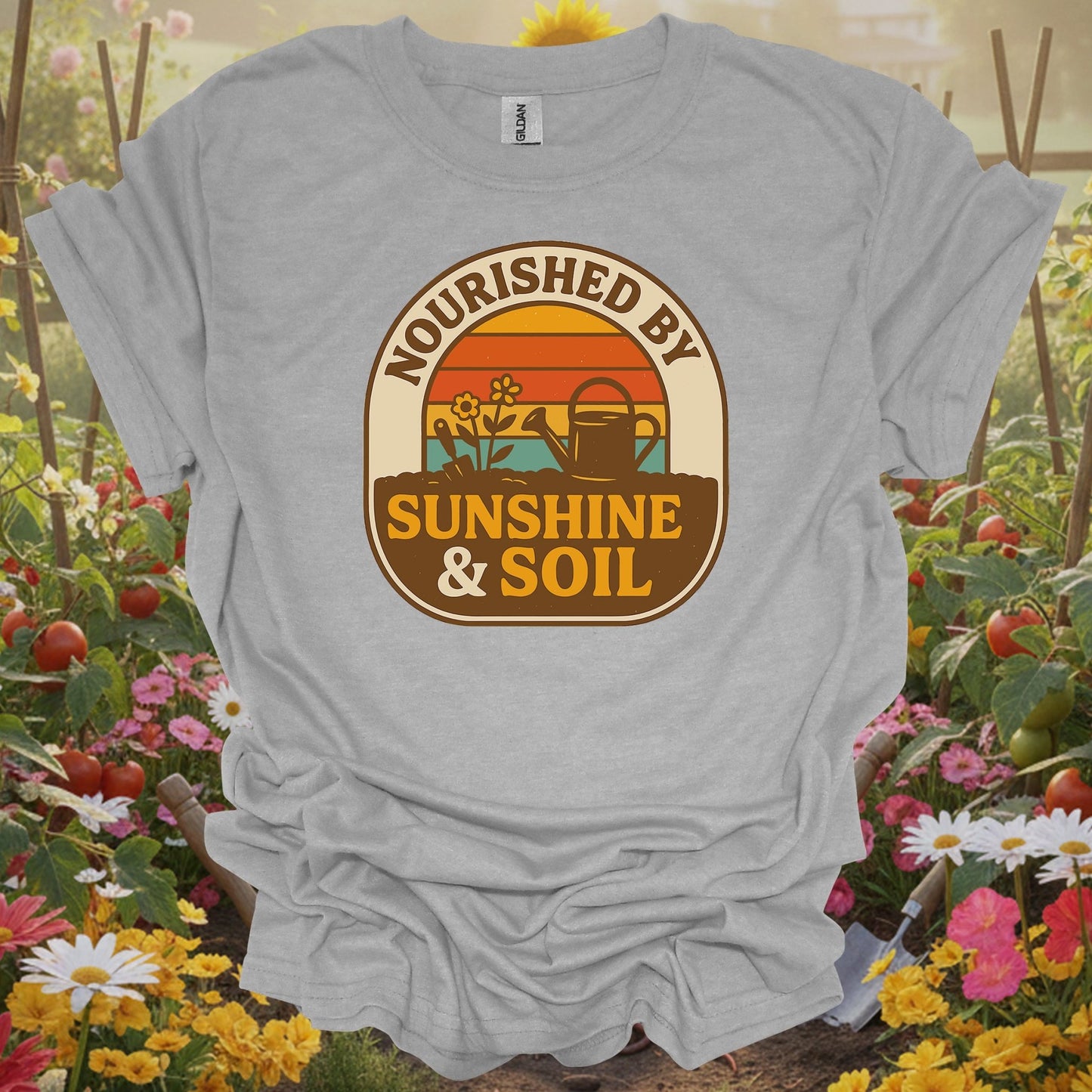 Sport Grey tshirt showing retro nourished by sunshine & soil gardener for vintage style fans