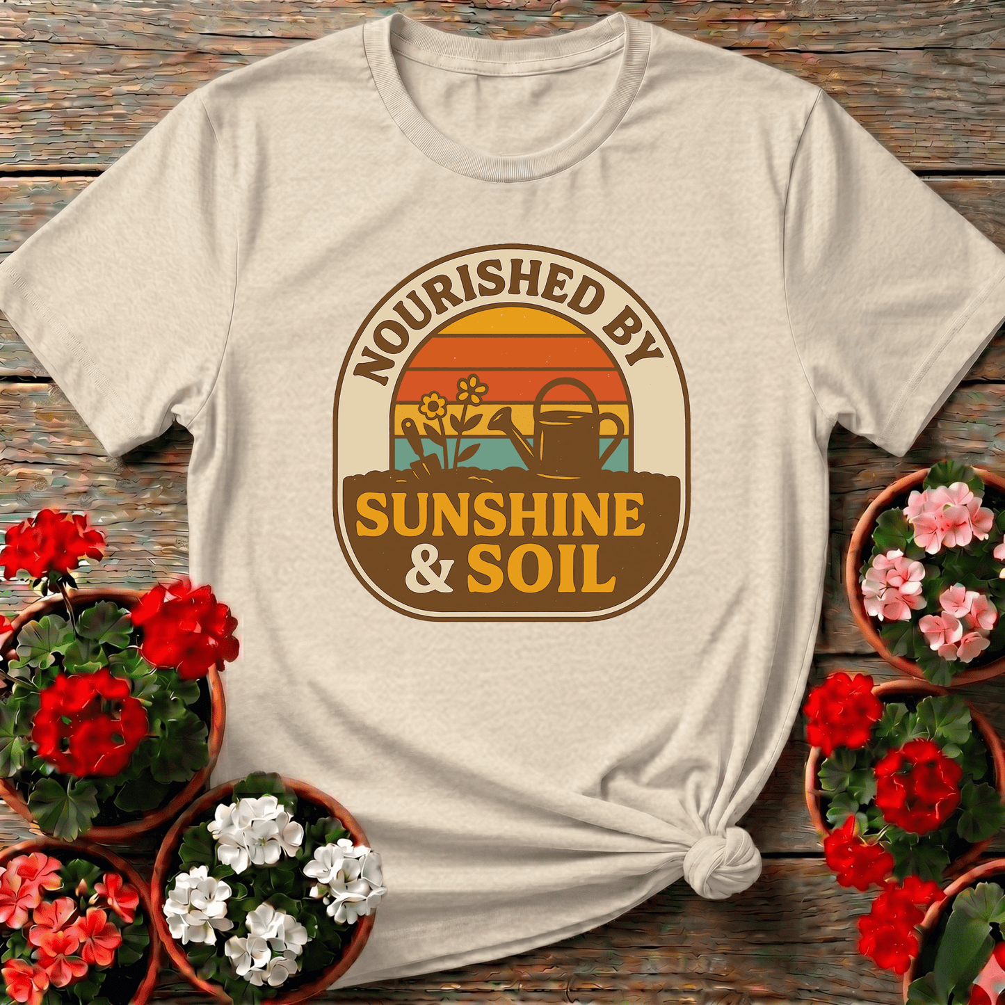 Nourished By Sunshine & Soil Retro Gardener T-shirt - GardeningTshirts