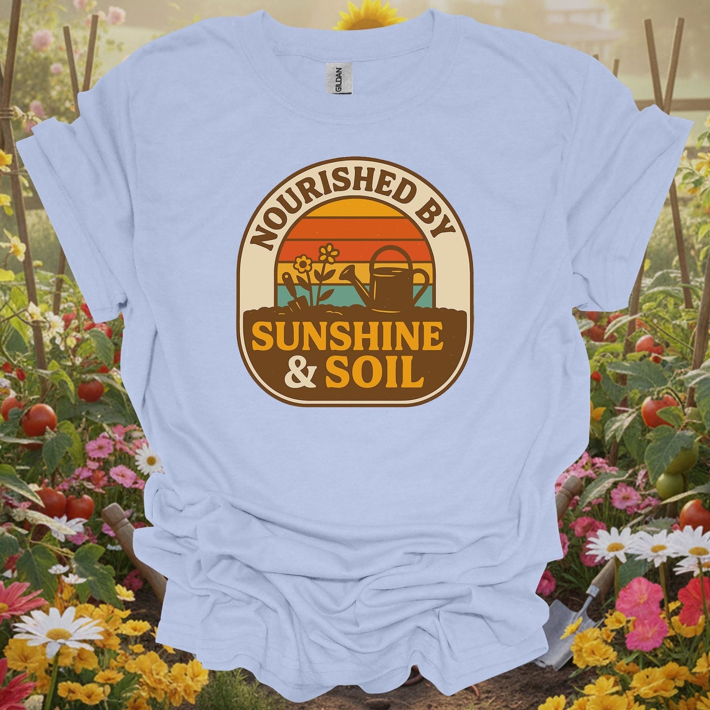 Light Blue shirt showing retro nourished by sunshine & soil gardener for classic garden lovers
