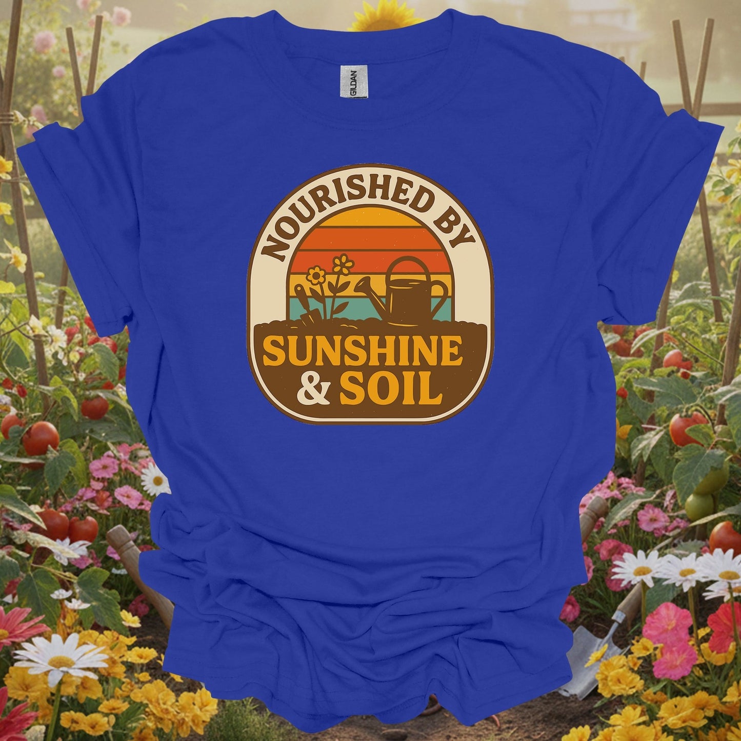 Royal tshirt showing retro nourished by sunshine & soil gardener for people who love retro aesthetics