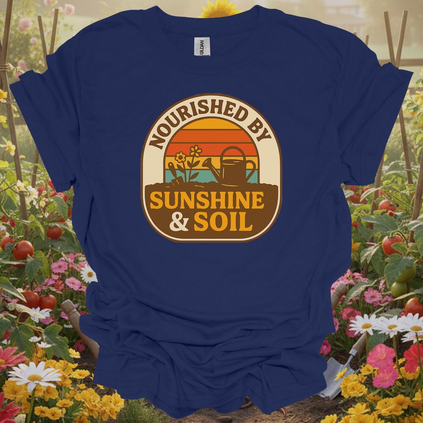 Navy top showing retro nourished by sunshine & soil gardener for nostalgic gardeners