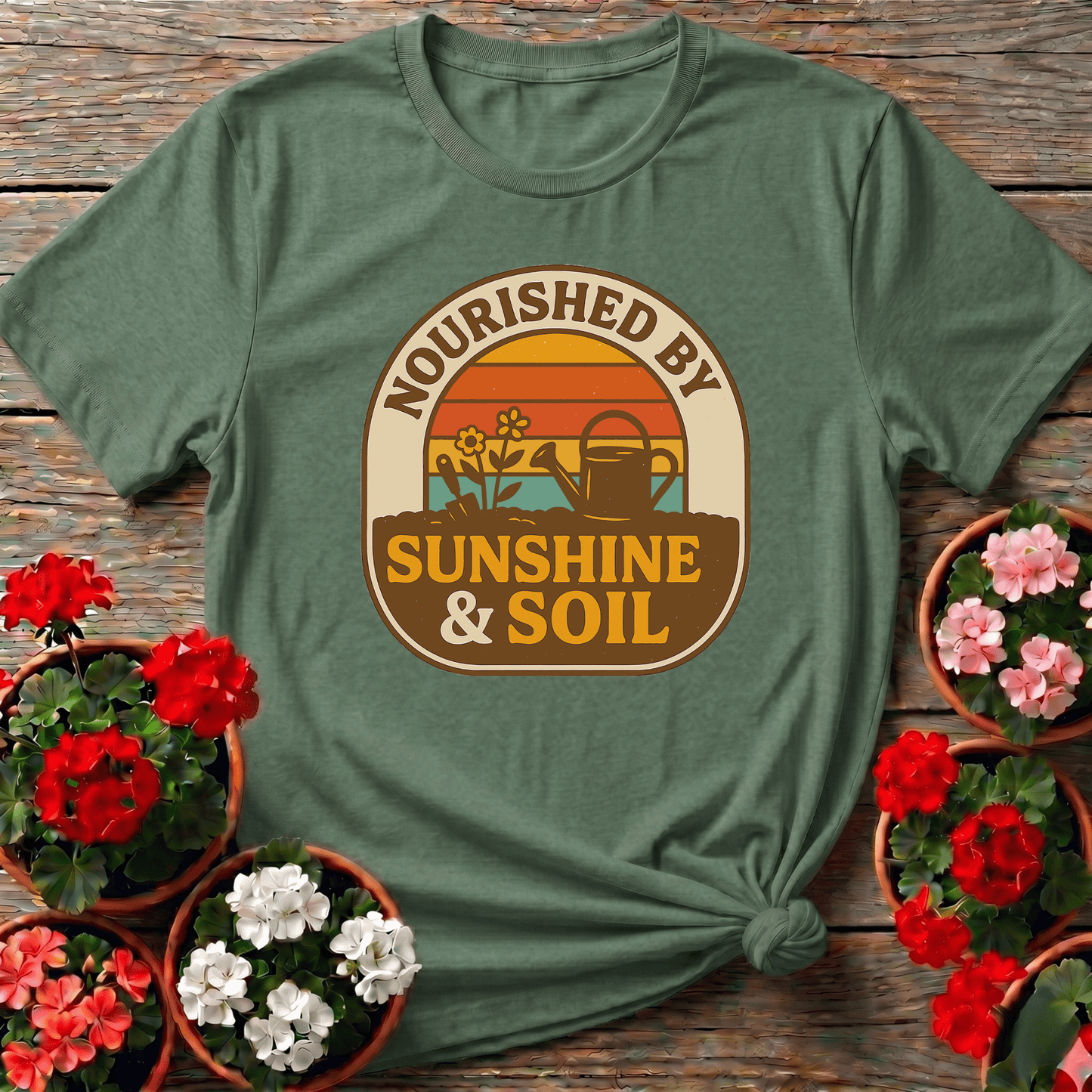 Nourished By Sunshine & Soil Retro Gardener T-shirt - GardeningTshirts