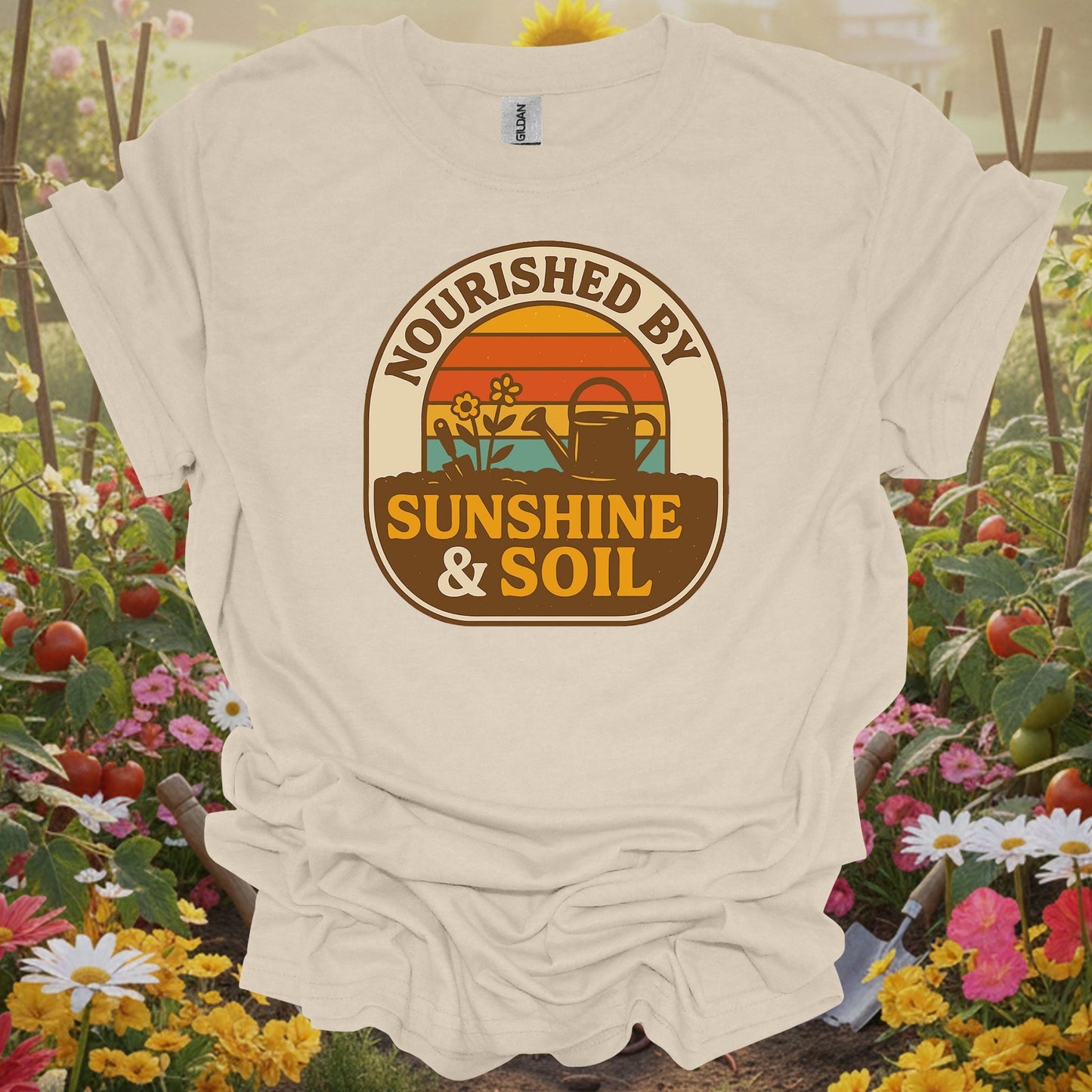 Natural tshirt showing retro nourished by sunshine & soil gardener for folks with vintage taste