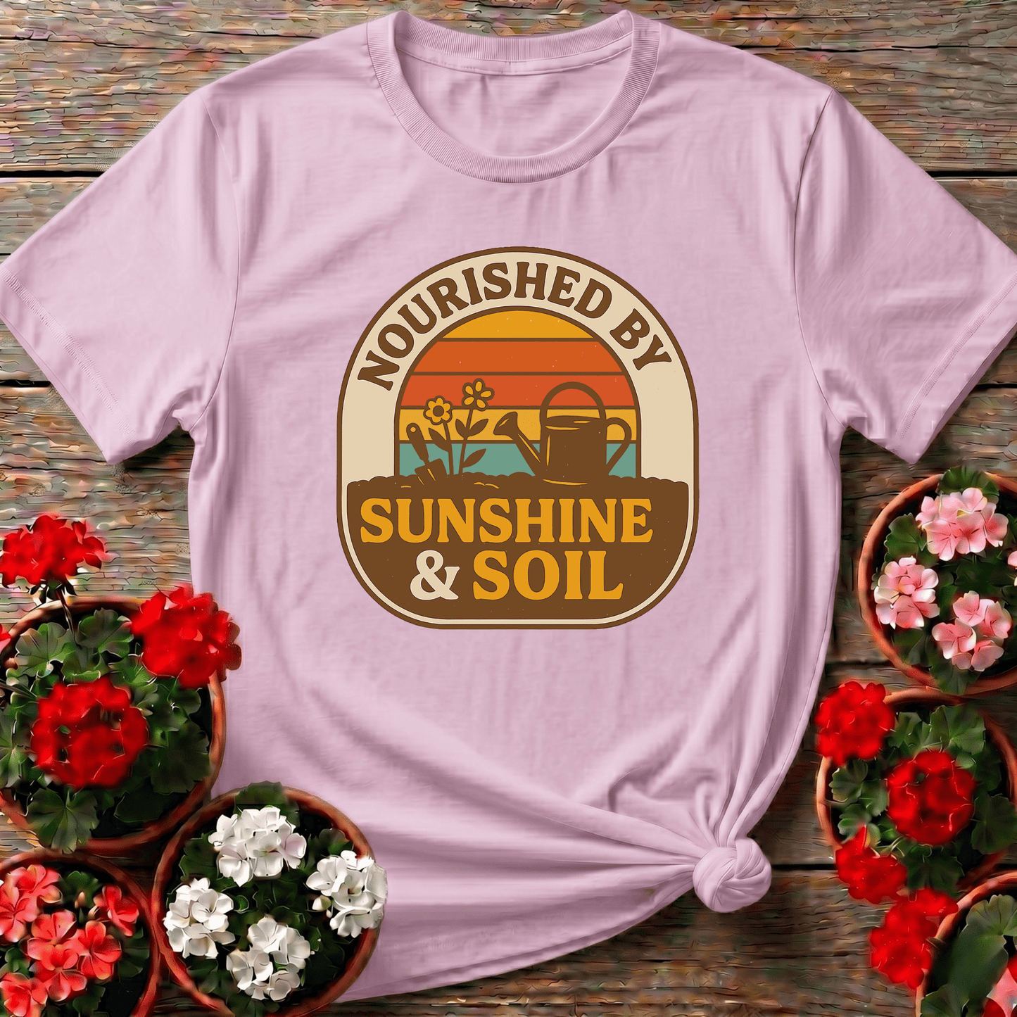 Nourished By Sunshine & Soil Retro Gardener T-shirt - GardeningTshirts