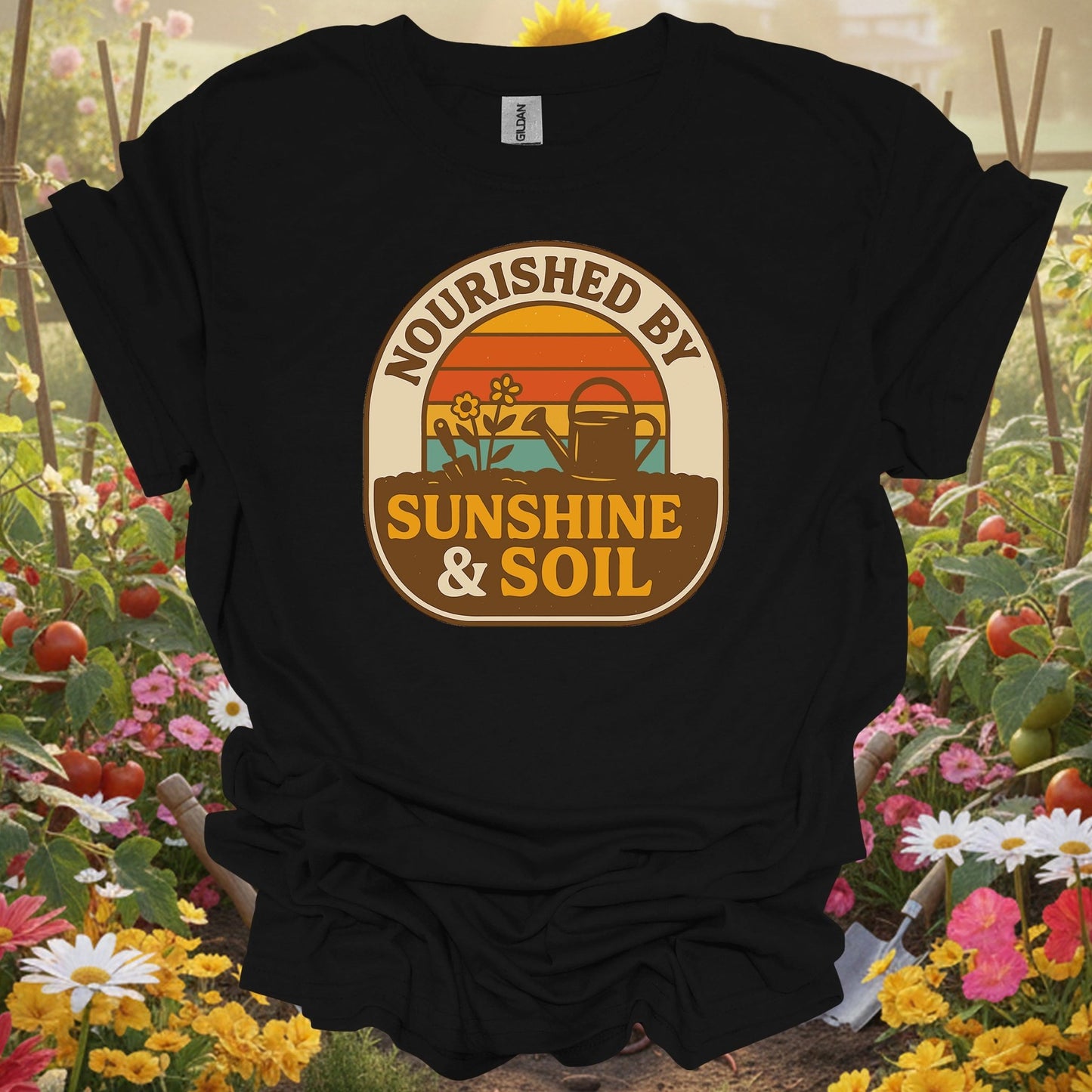 Black shirt showing retro nourished by sunshine & soil gardener for vintage art collectors