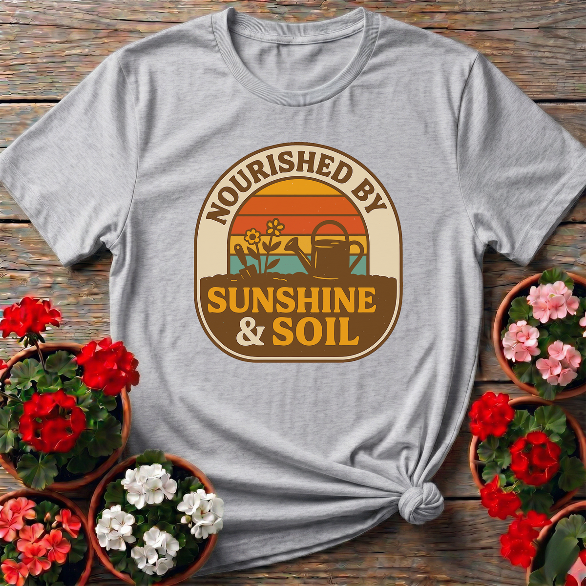 Nourished By Sunshine & Soil Retro Gardener T-shirt - GardeningTshirts