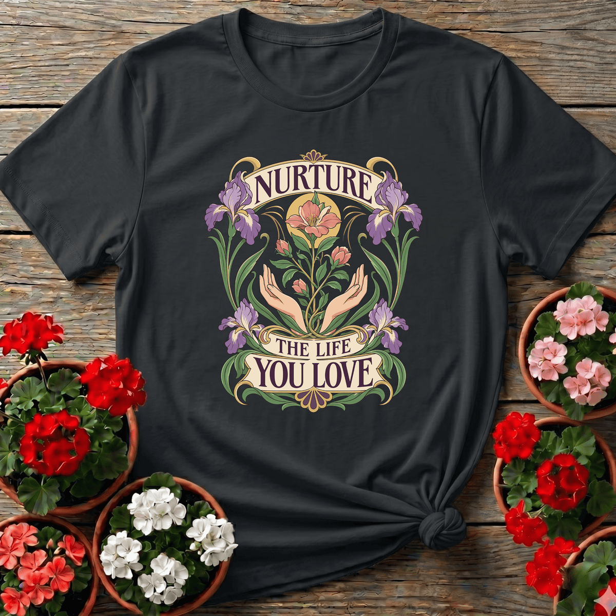 Nurture The Life You Love Floral Iris Gardening T-Shirt - GardeningTshirts