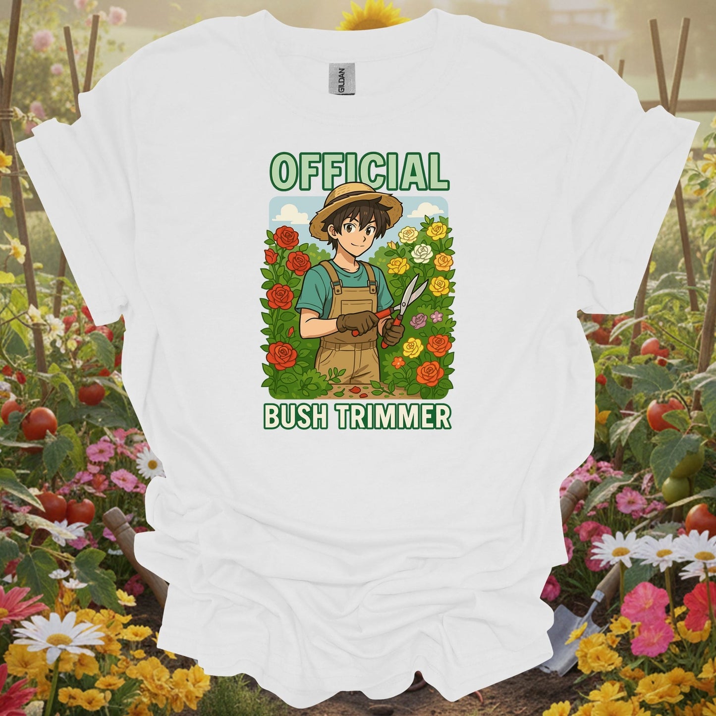 White shirt showing anime official bush trimmer funny gardening for folks who joke about gardening