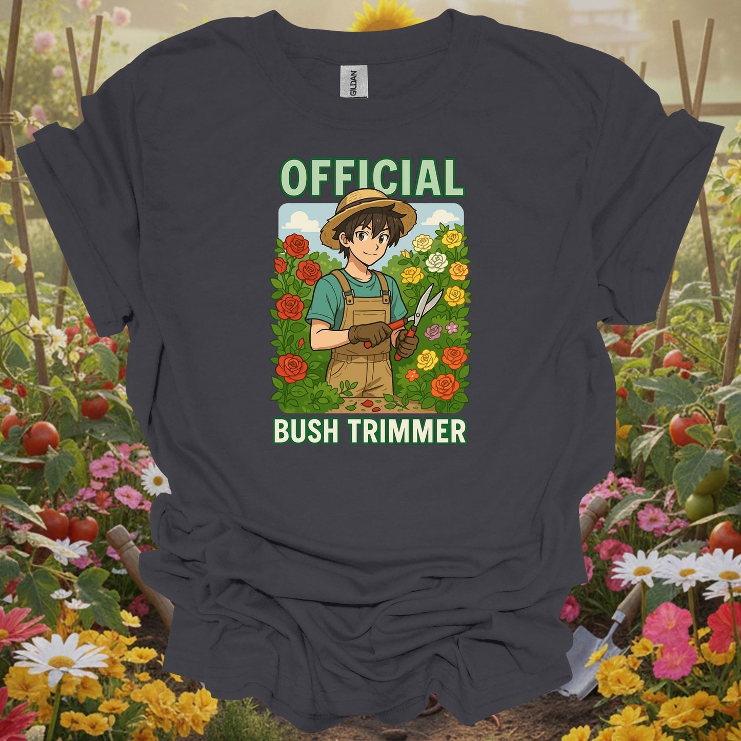 Charcoal tee showing anime official bush trimmer funny gardening for folks who love garden puns