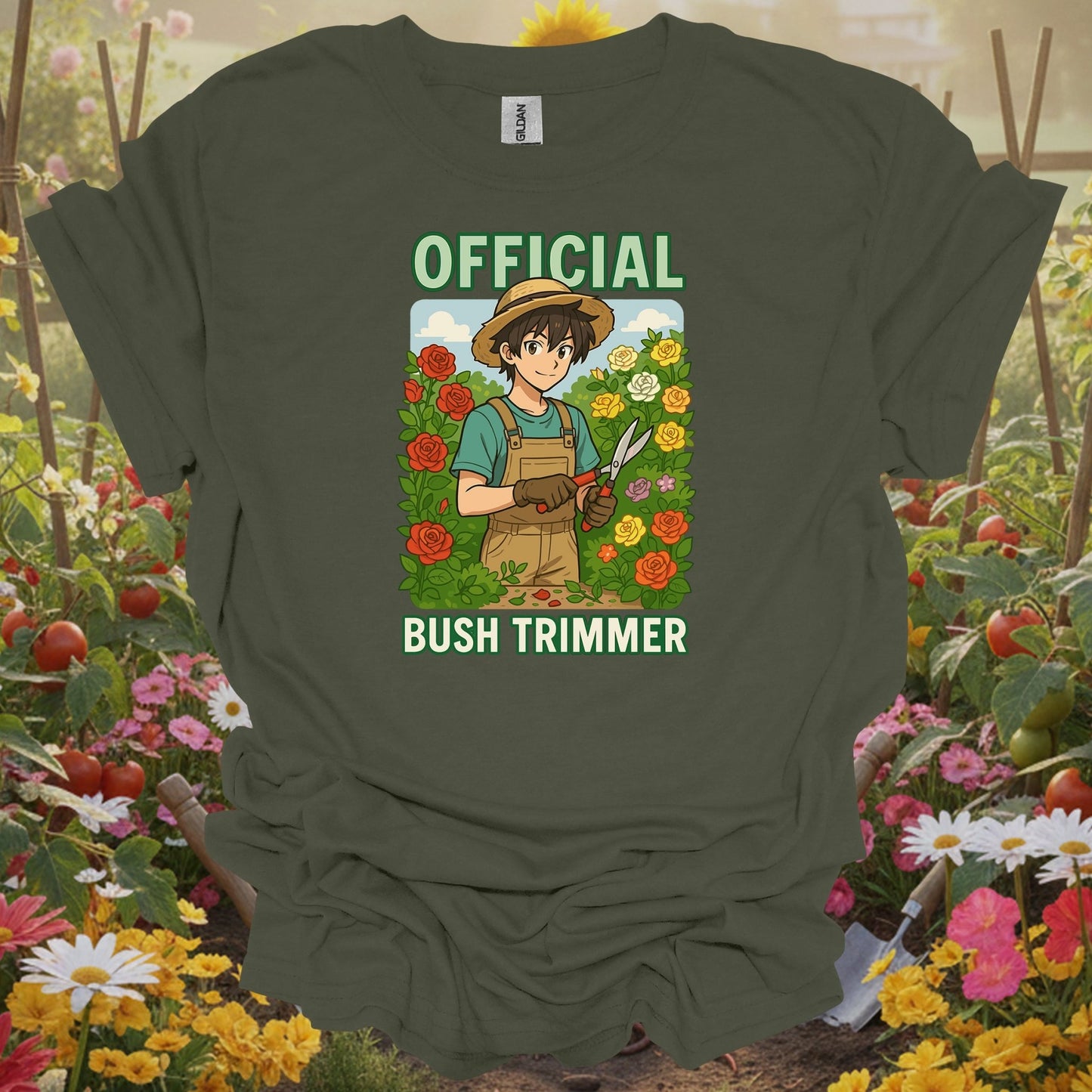 Military green tshirt showing anime official bush trimmer funny gardening for gardeners with humor