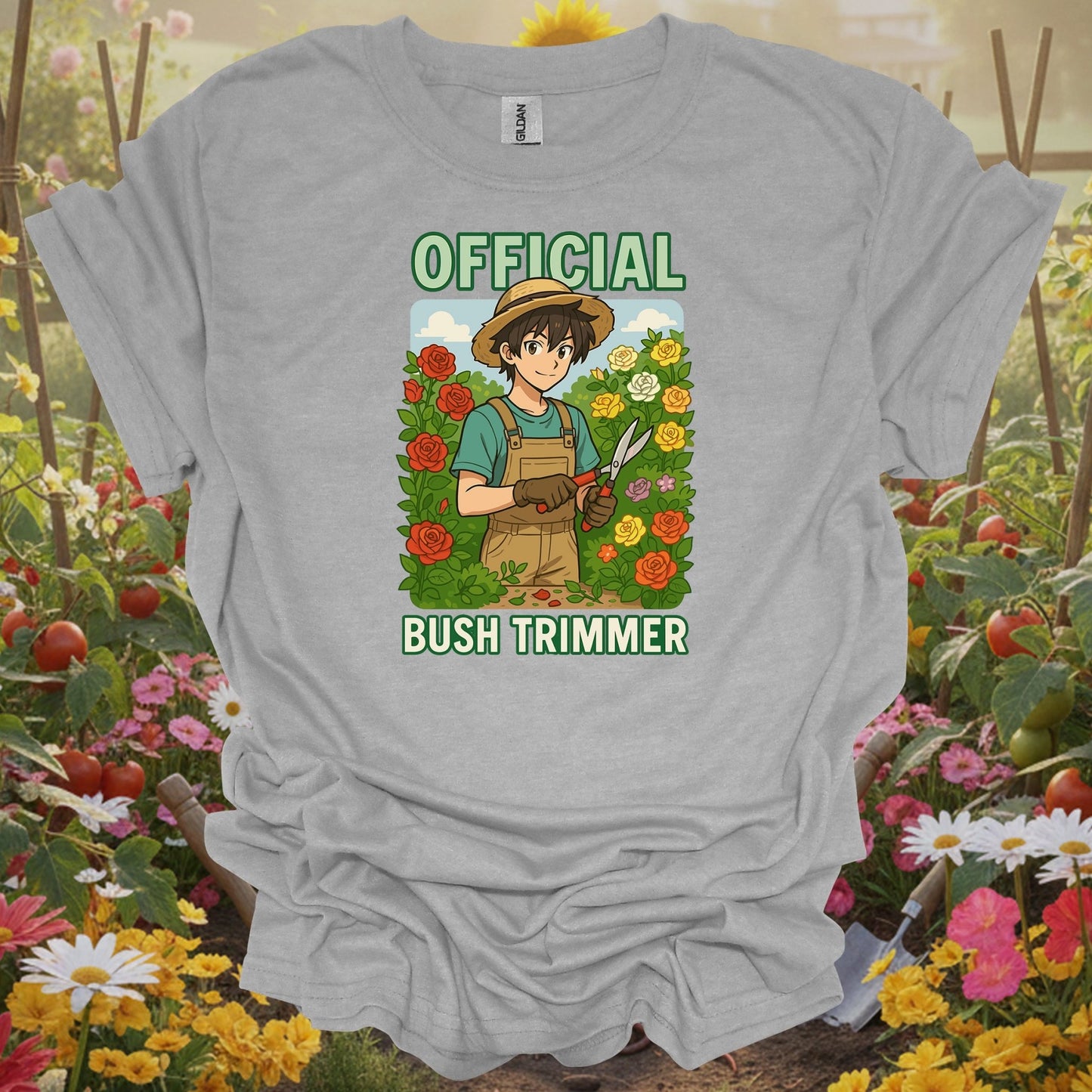 Sport gray tee showing anime official bush trimmer funny gardening for lighthearted plant parents
