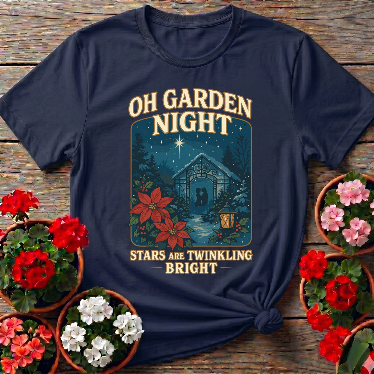 Navy celestial storybook top with "Oh Garden Night Stars Are Twinkling Bright" for Christmas garden enthusiasts