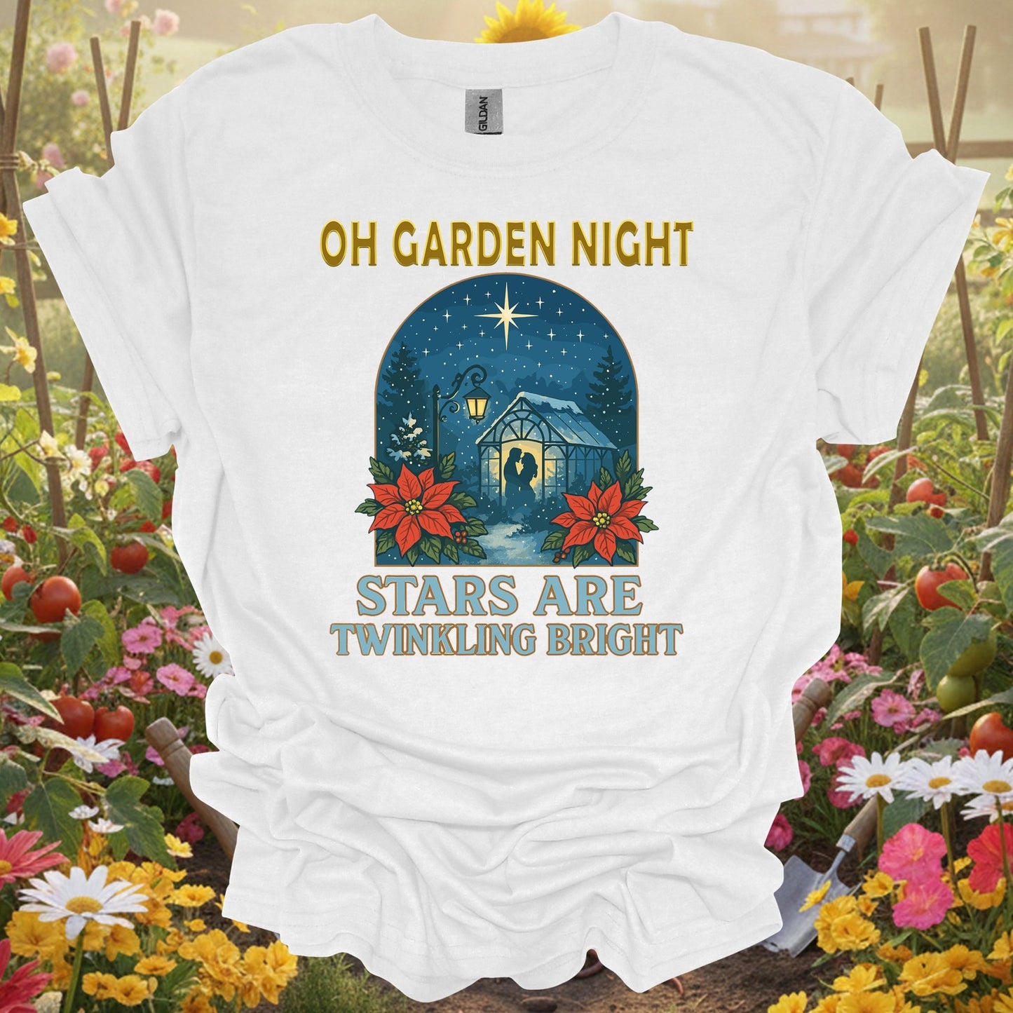 "Oh Garden Night Stars Are Twinkling Bright" Romantic Garden Setting T-Shirt - GardeningTshirts