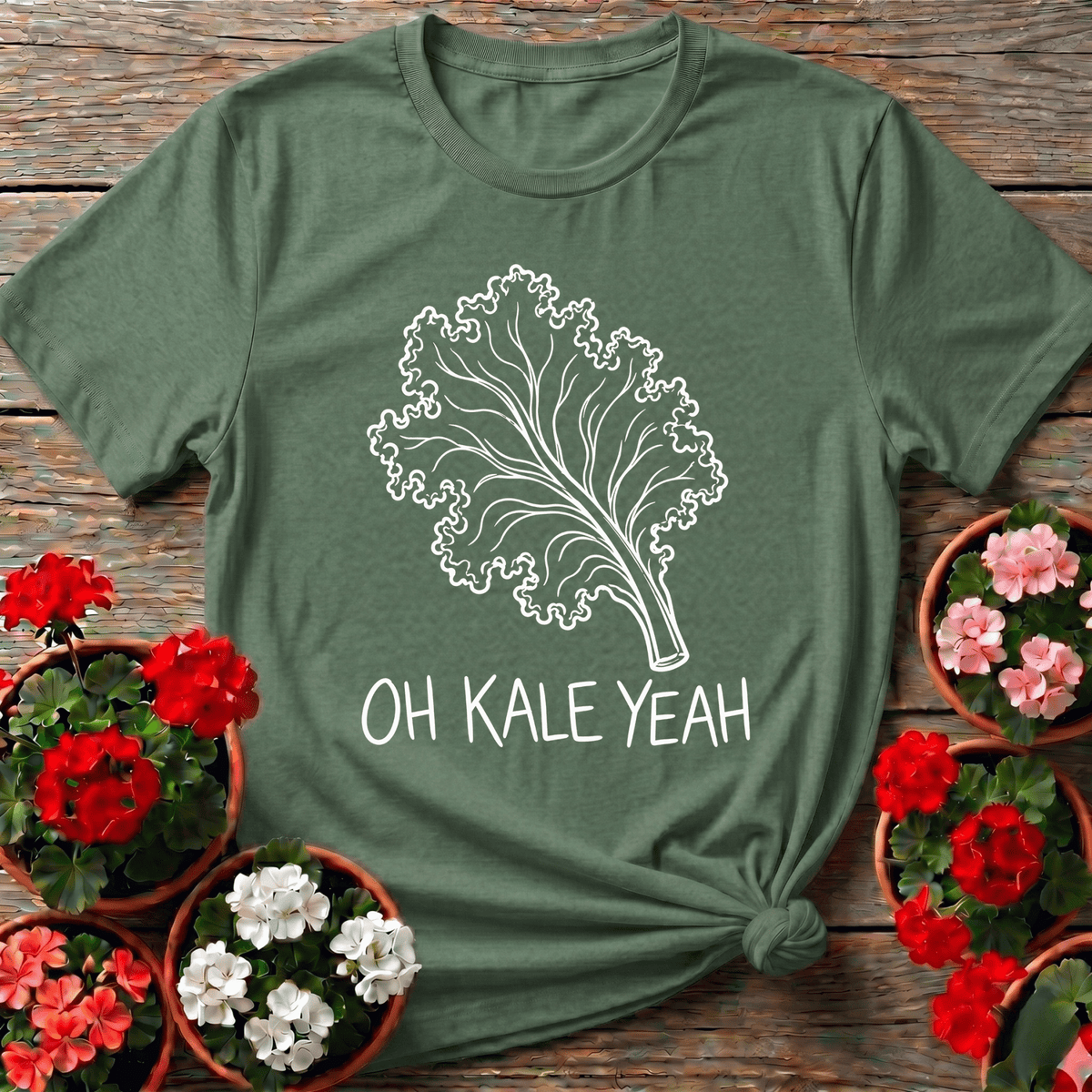 Military Green botanical illustration gardening shirt with "Oh Kale Yeah" for food growers