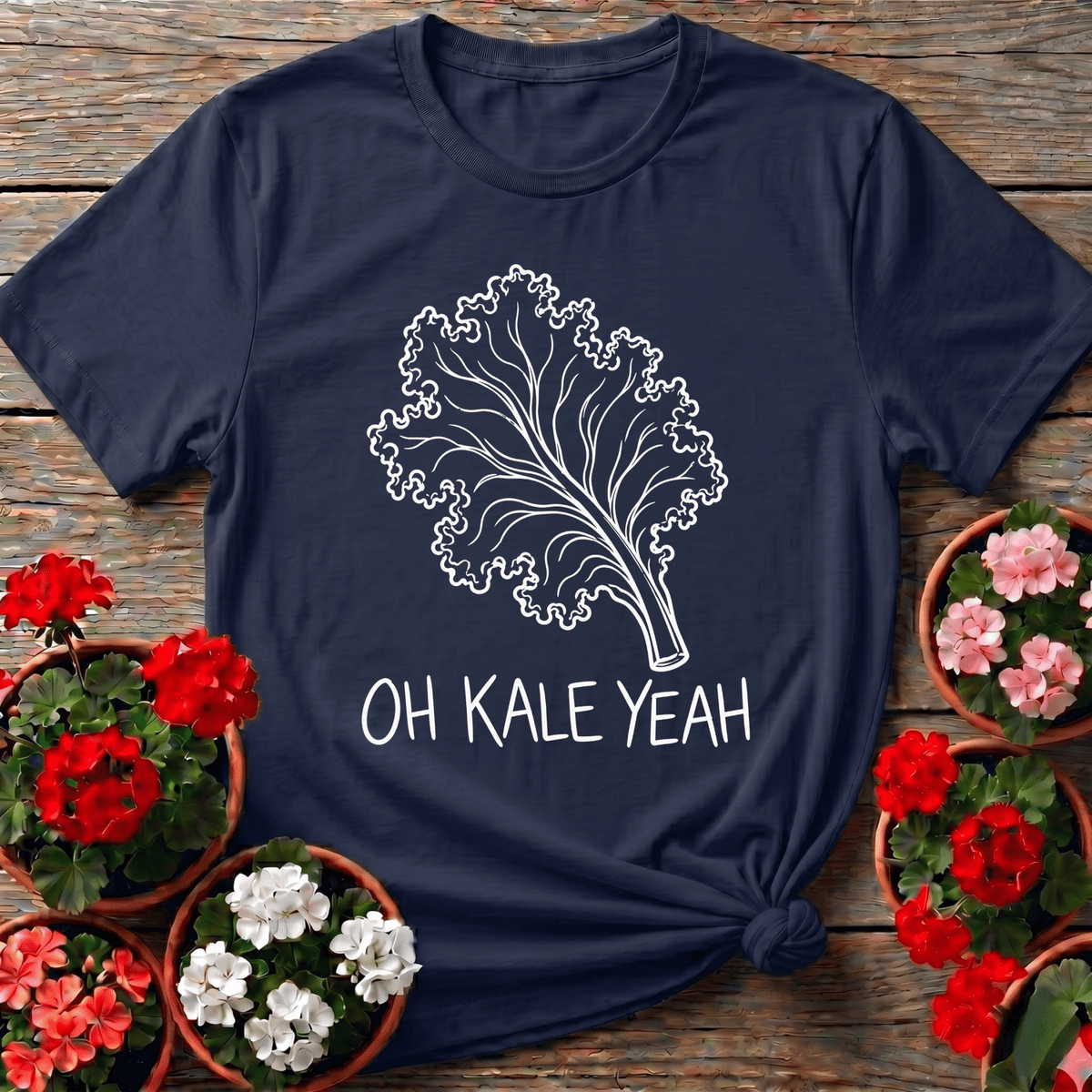 Navy minimalist veggie garden t-shirt with "Oh Kale Yeah" for leafy greens growers