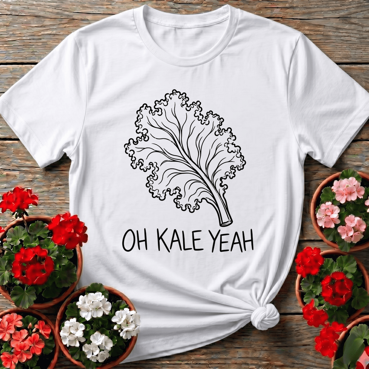 White botanical line-art kale shirt with "Oh Kale Yeah" for home cook gardeners