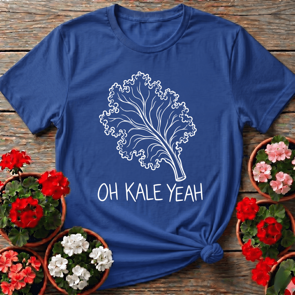 Royal clean line-art kale gardening shirt with "Oh Kale Yeah" for raised bed gardeners