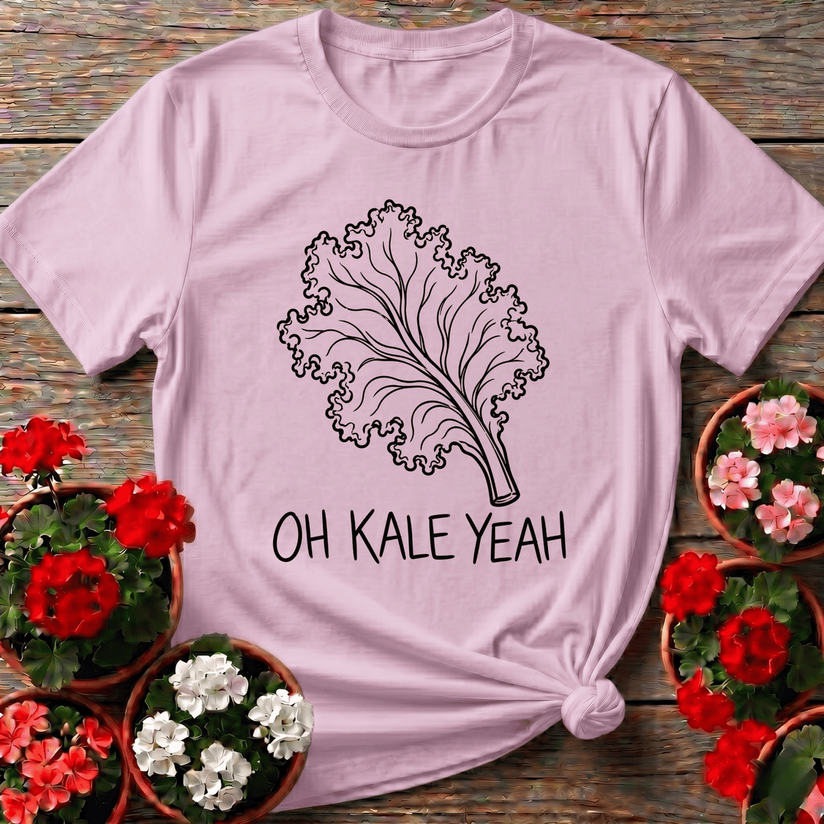 Light Pink dry humor kale gardening shirt with "Oh Kale Yeah" for vegetable garden lovers