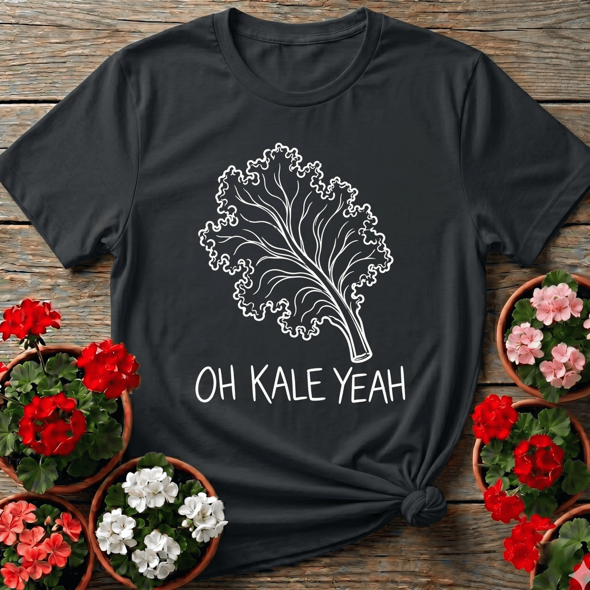 Black minimalist line-art gardening tee with "Oh Kale Yeah" for vegetable gardeners