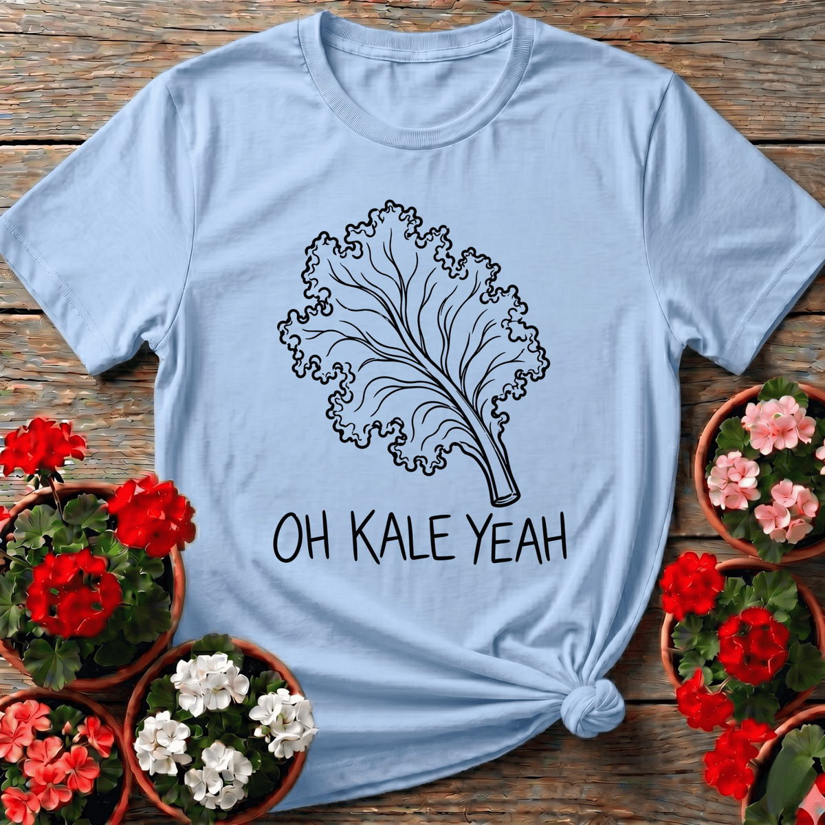 Light Blue minimalist hand-lettered kale top with "Oh Kale Yeah" for veggie gardeners