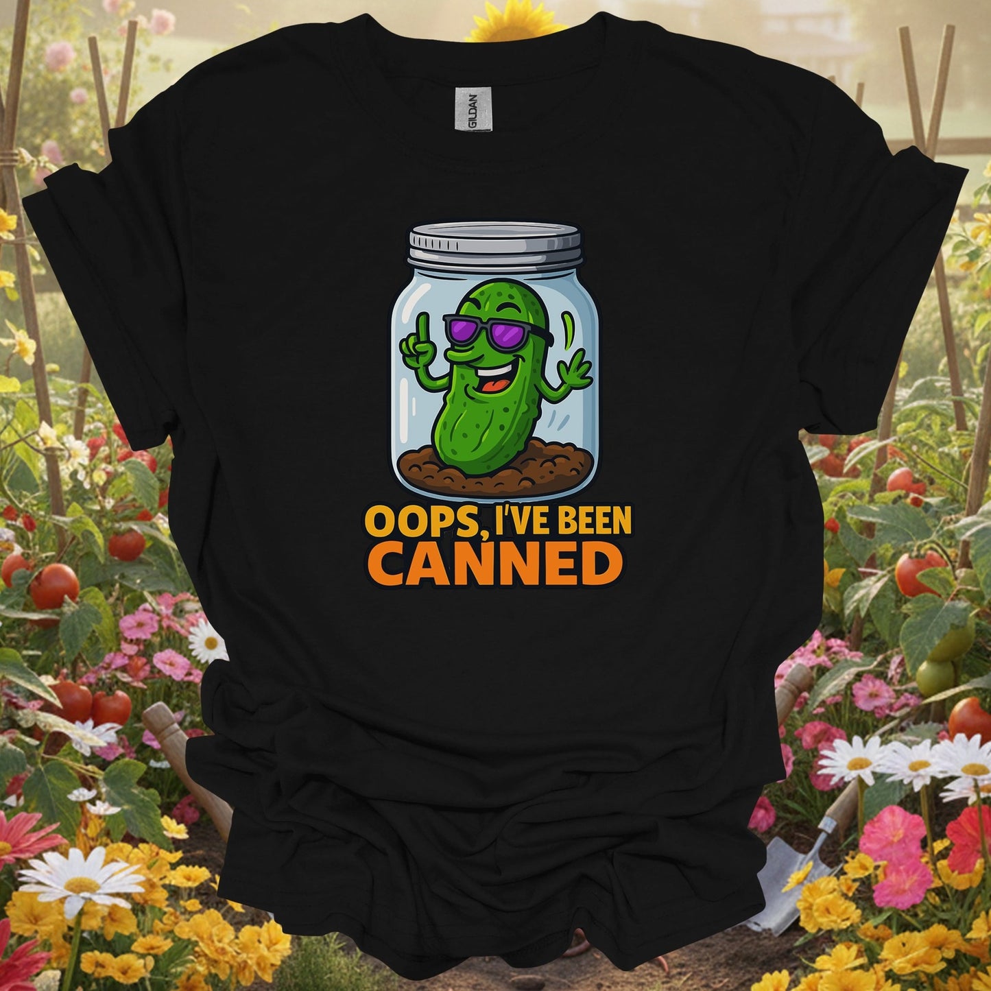 Black shirt showing oops ive been canned funny pickle jar for outdoor enthusiasts