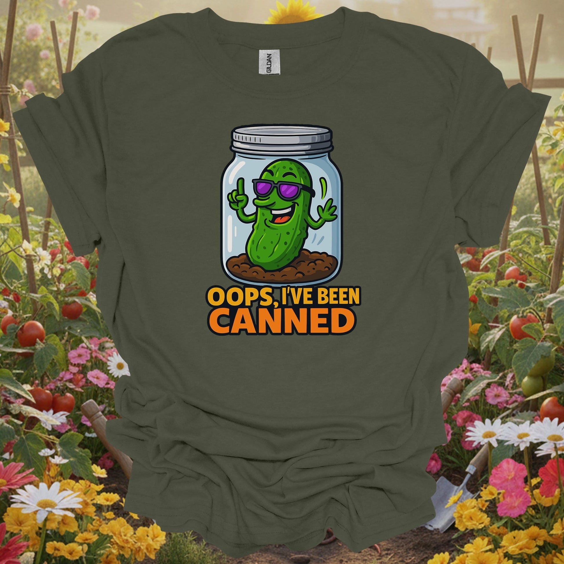 Military Green top showing oops ive been canned funny pickle jar for nature lovers