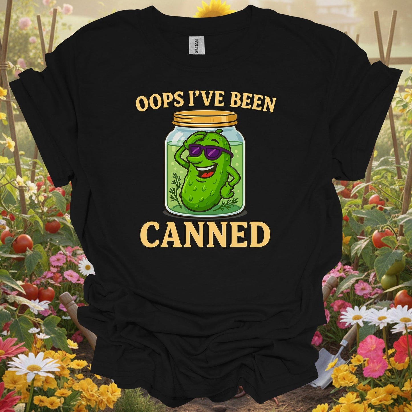 Black shirt showing oops ive been canned pickling humor for outdoor enthusiasts