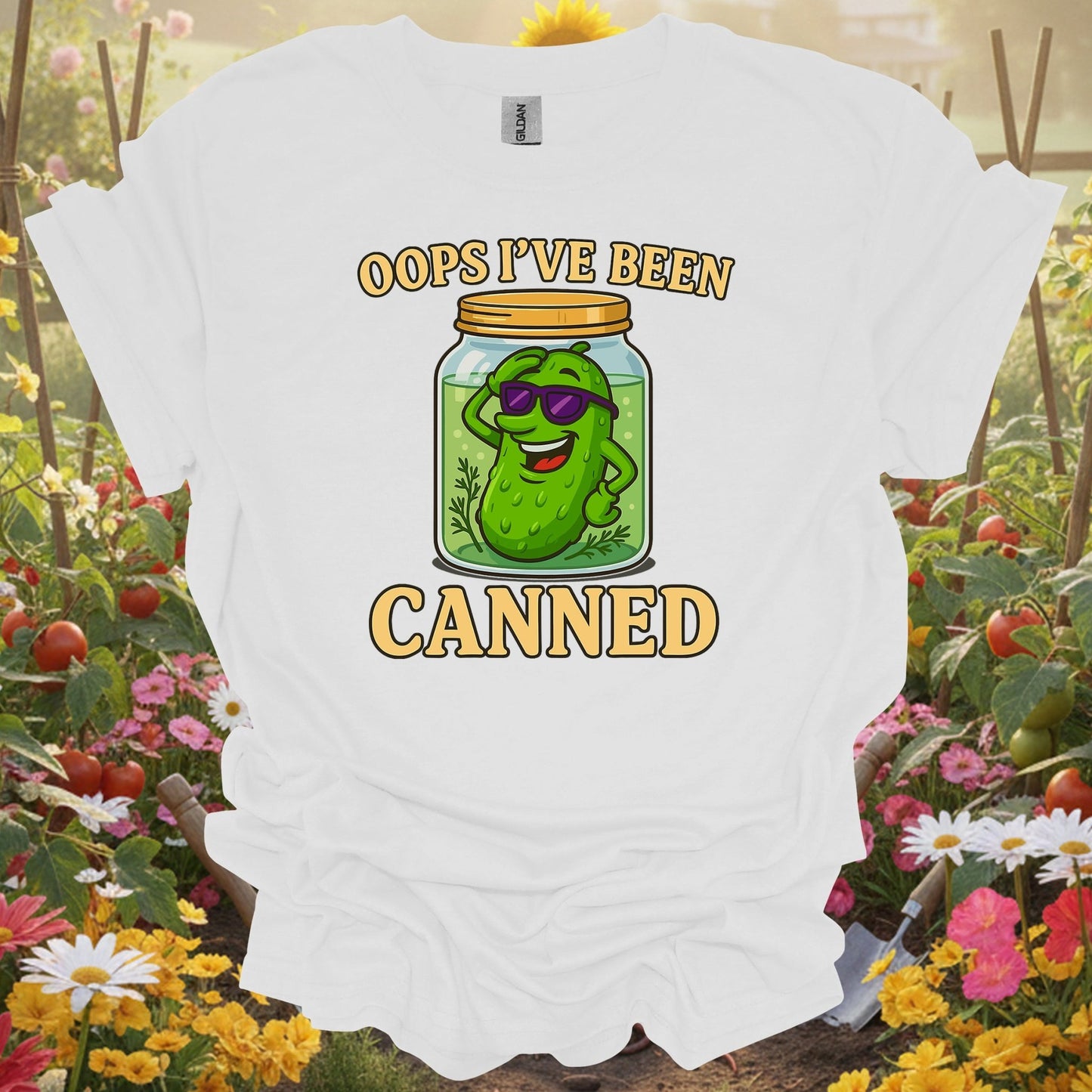 White tee showing oops ive been canned pickling humor for garden hobbyists