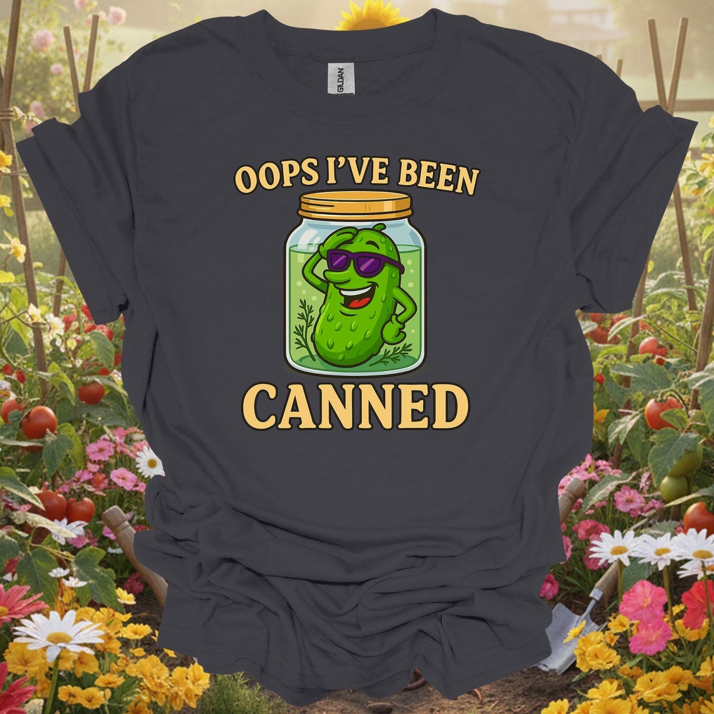 Charcoal tee showing oops ive been canned pickling humor for plant lovers