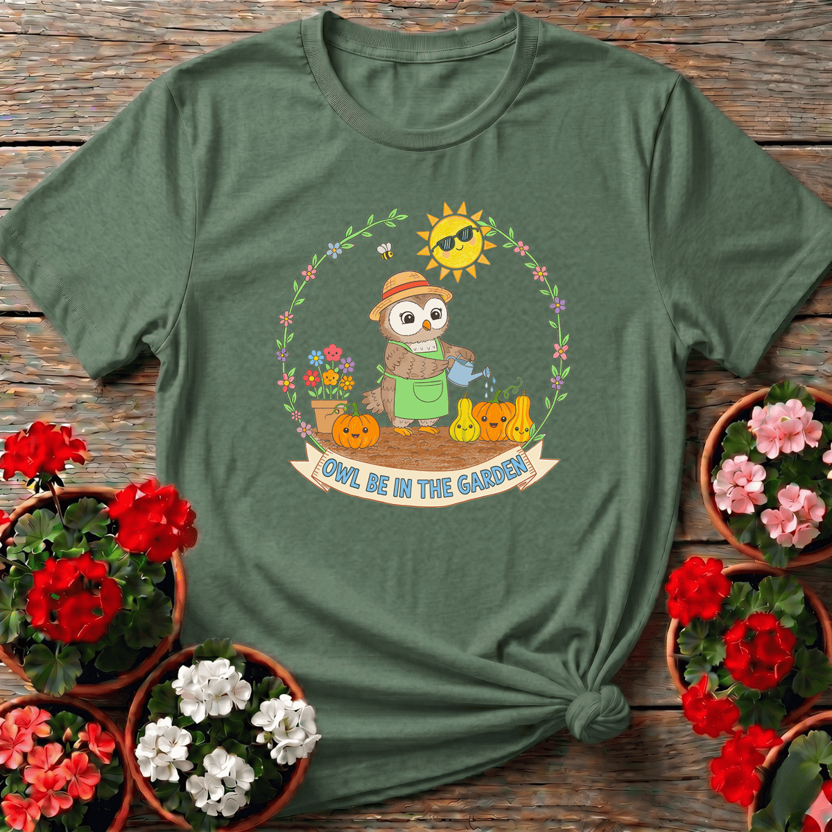 Military Green cottagecore storybook owl gardening tee with "Owl Be In The Garden" banner for outdoor enthusiasts