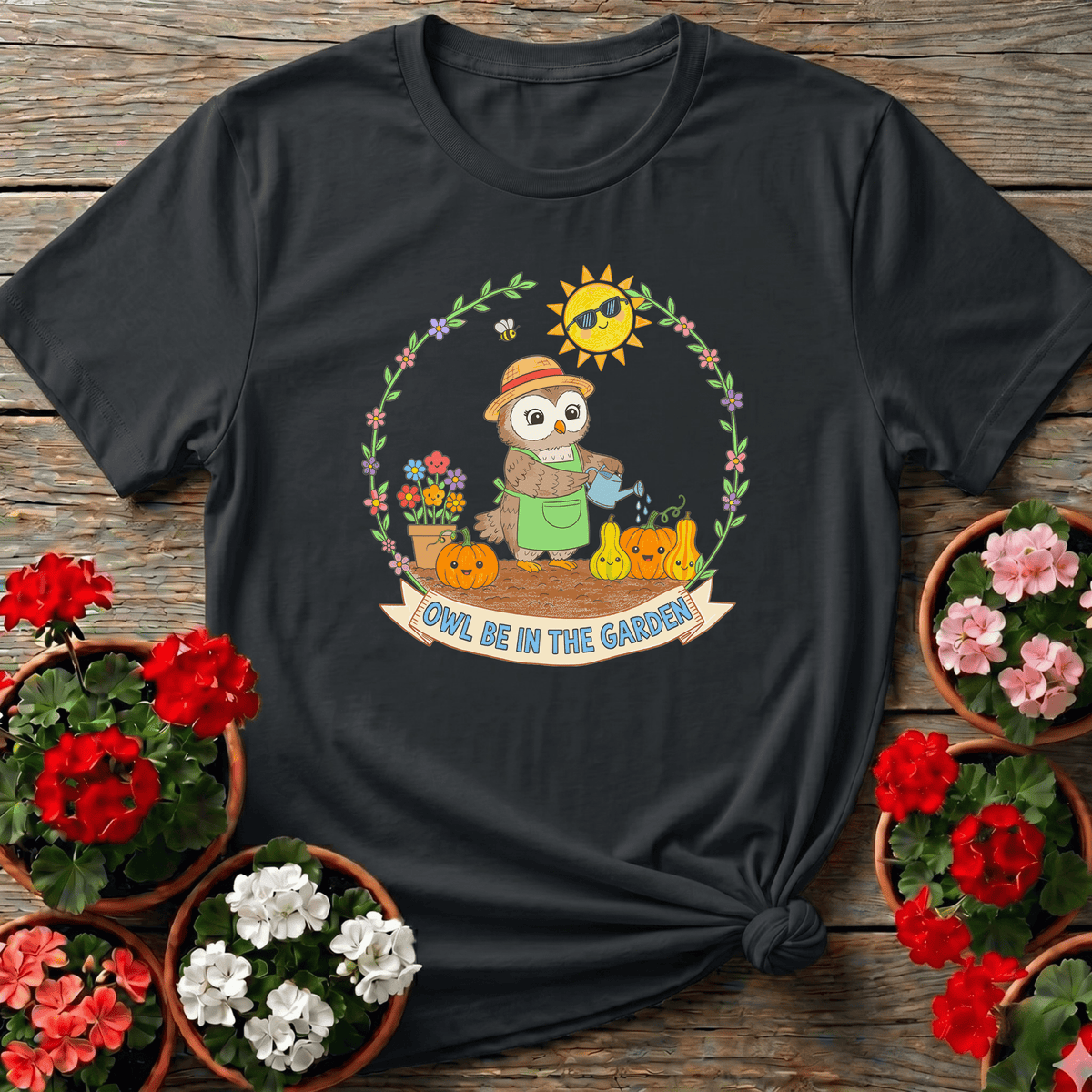 Black kawaii cottagecore gardening tee with owl illustration and "Owl Be In The Garden" banner for garden lovers