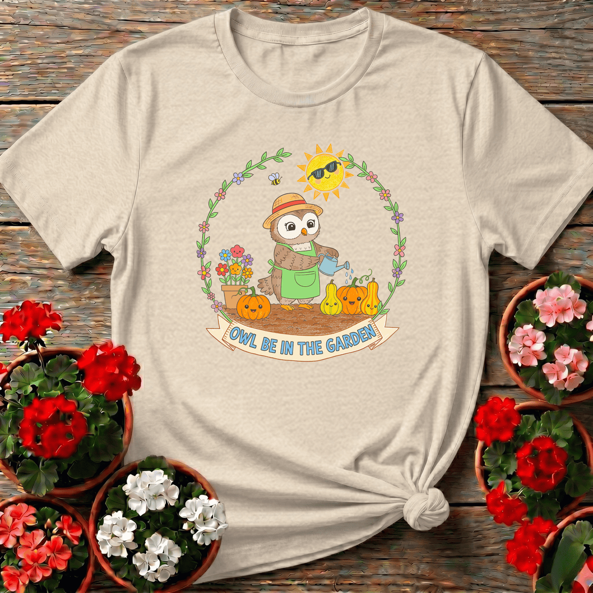 Natural soft kawaii owl apron and pumpkin garden shirt with warm earthy tones for cozy garden lovers