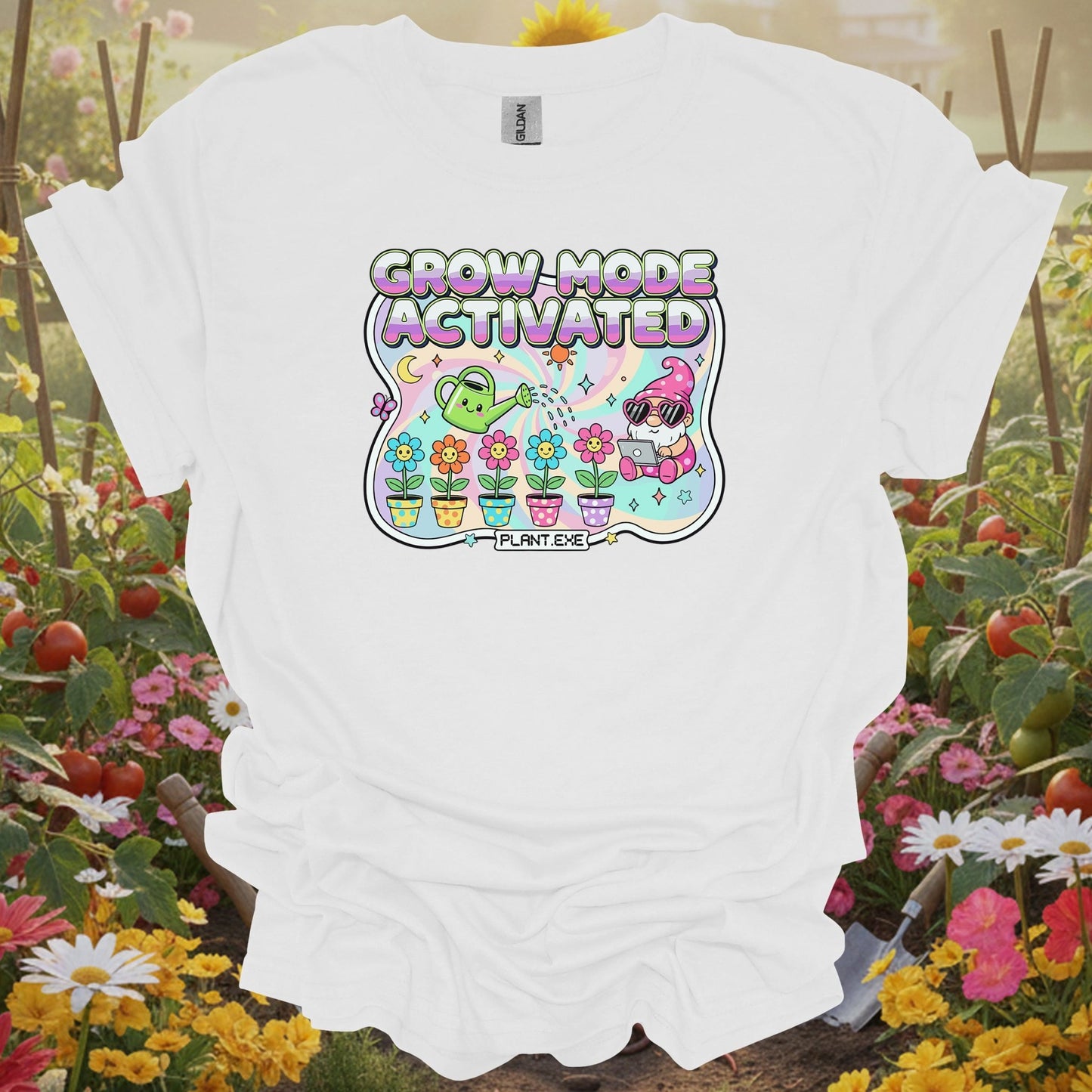 White tee showing kawaii retro y2k garden gnome graphic for traditional growers