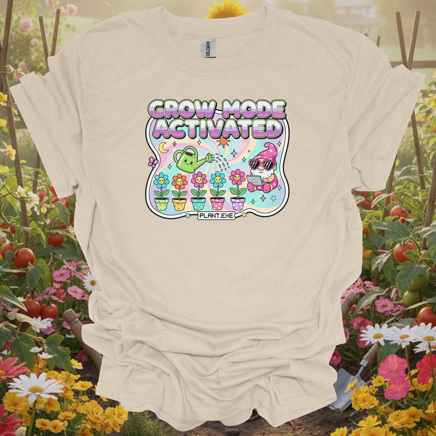Natural tshirt showing kawaii retro y2k garden gnome graphic for folks with vintage taste