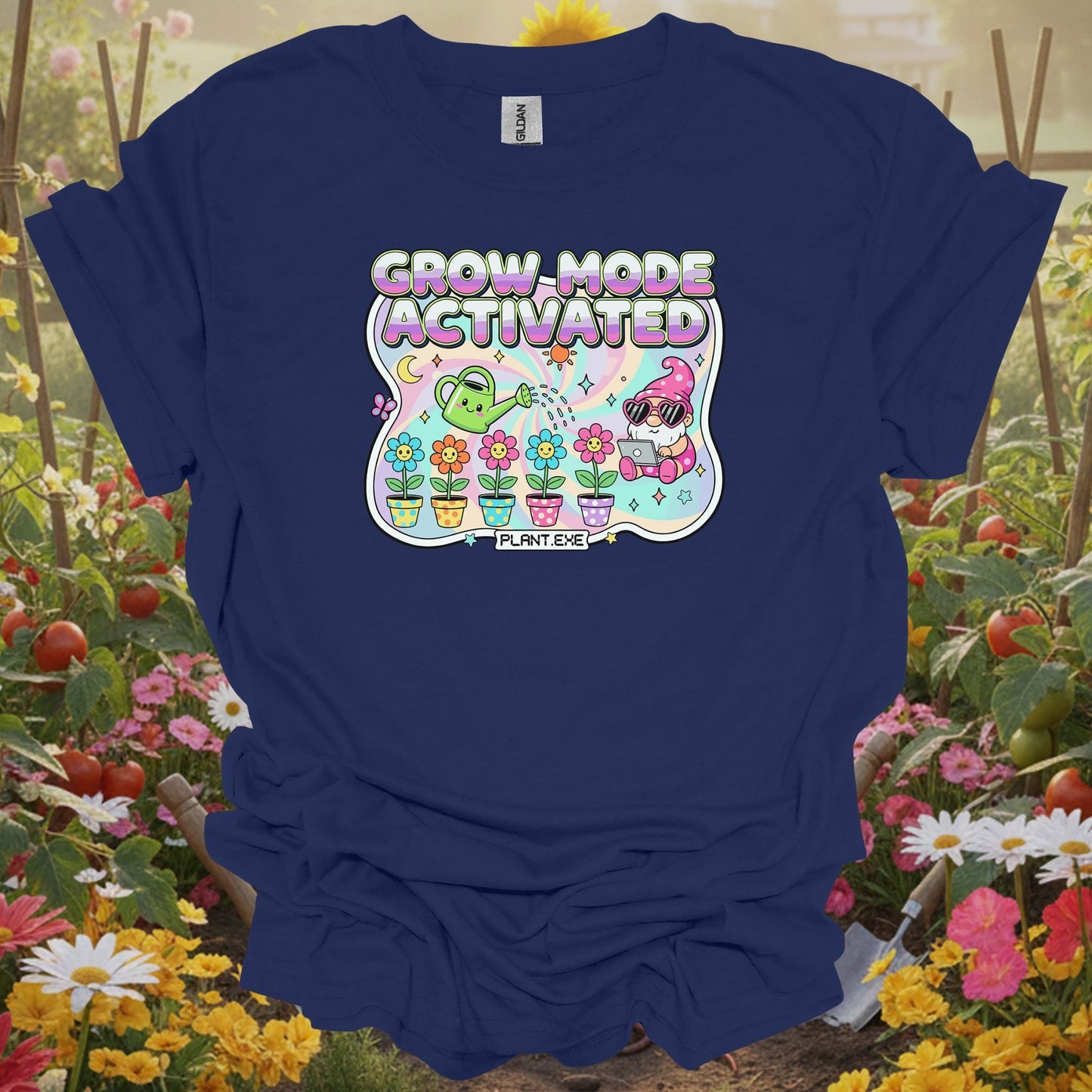 Navy top showing kawaii retro y2k garden gnome graphic for nostalgic gardeners
