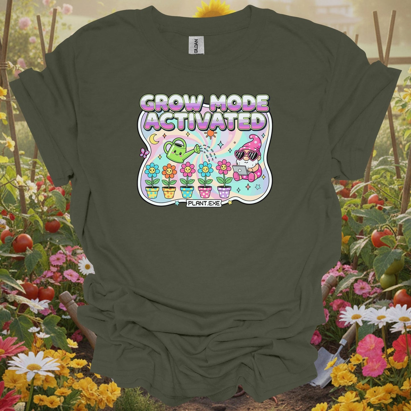 Military Green top showing kawaii retro y2k garden gnome graphic for retro-inspired plant parents
