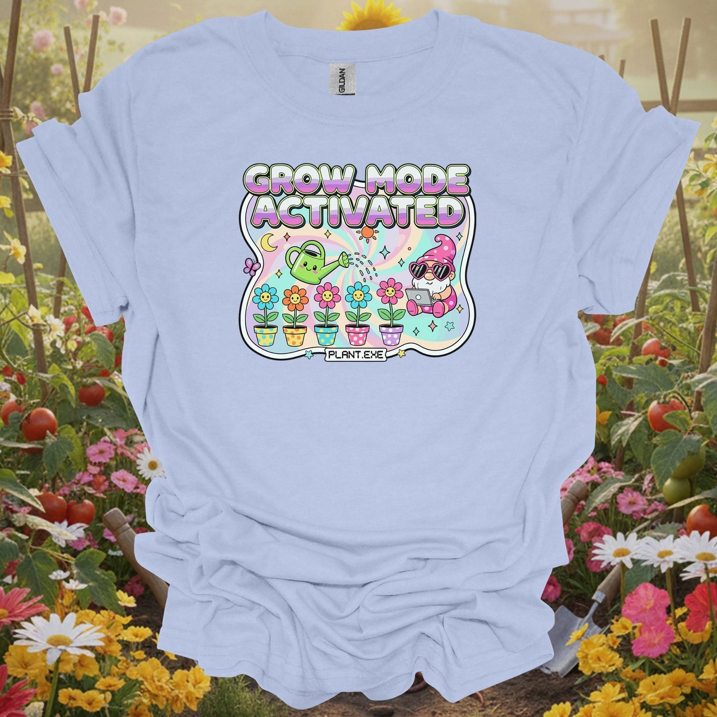 Light Blue shirt showing kawaii retro y2k garden gnome graphic for classic garden lovers